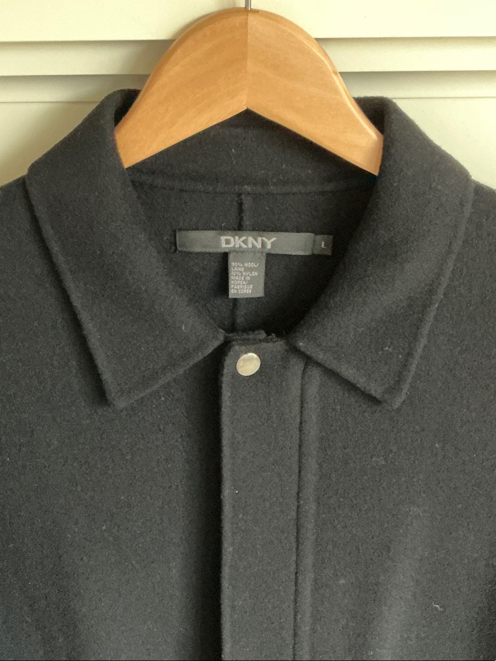DKNY Black Wool Pea Coat with Snap Front